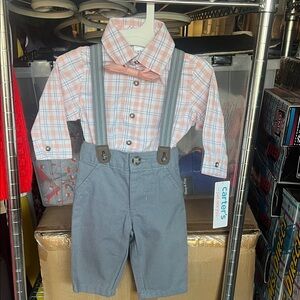 Boys Easter Suit Peach Plaid Shirt with Gray Suspender pants and Peach Bow Tie
